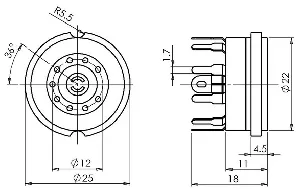 9 pin, Zócalo noval para montaje en PCB con centerpin